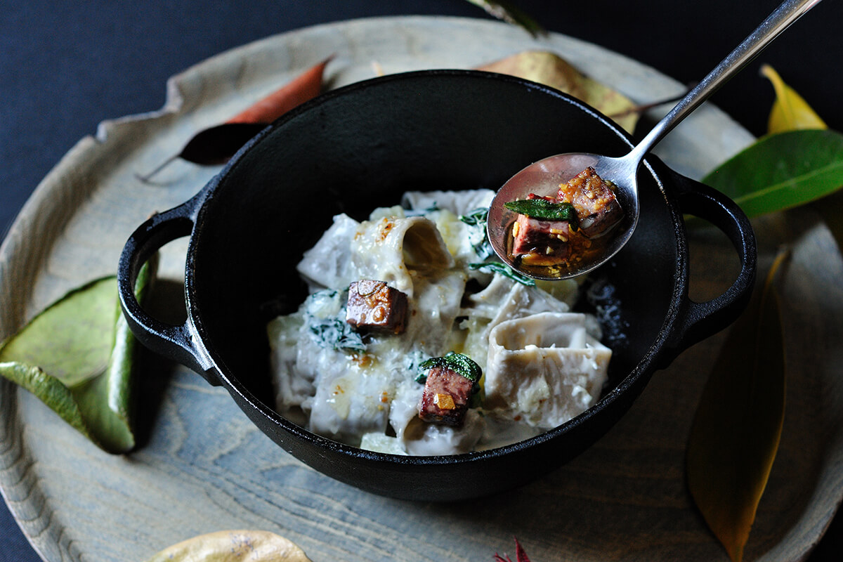 Pizzoccheri with Venison Mortadella and Cavolo Nero